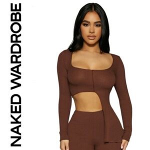 Naked Wardrobe🤎 micro ribbed crop top- brown| small |
